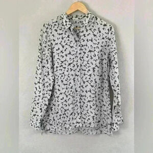 J Jill Love Linen Button Down Long Sleeve Gray Floral Shirt Women's Small Tall